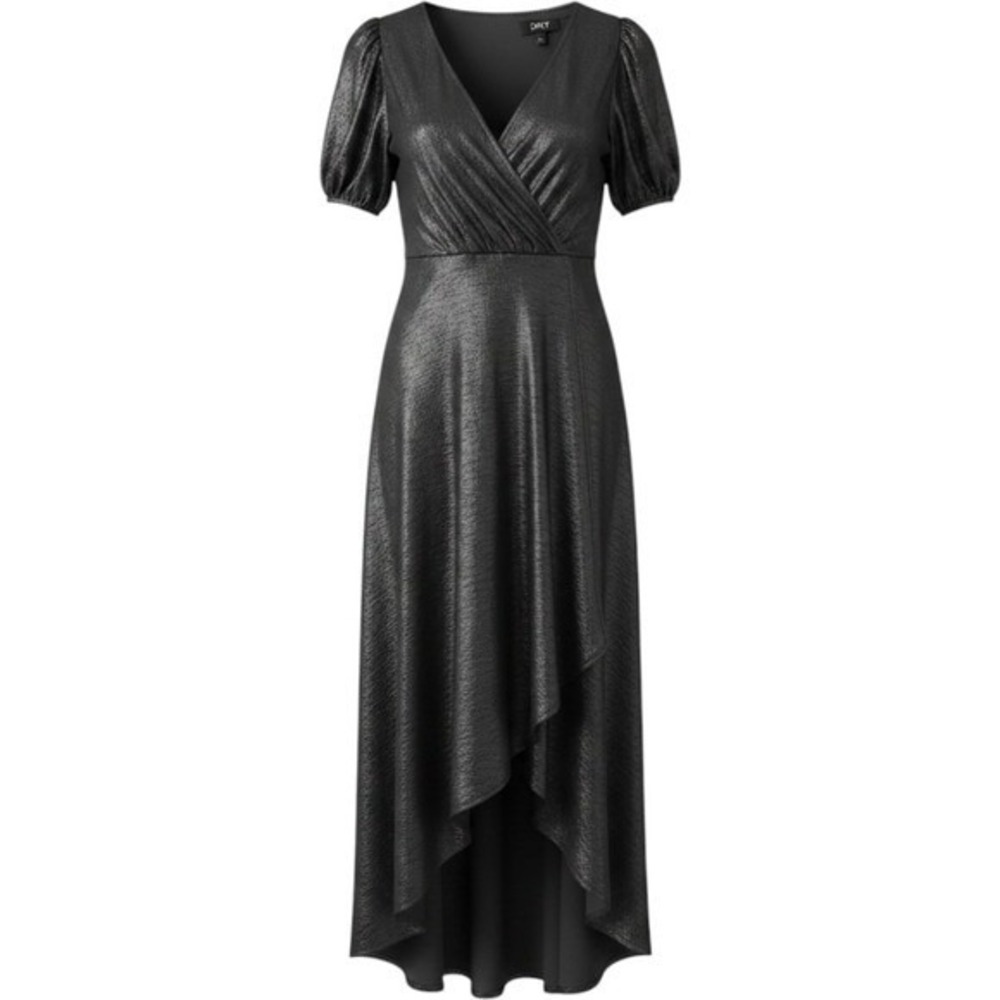 DKNY Metallic Silver V-Neck Puff Sleeve High-Low Midi Dress Pewter